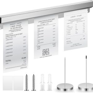Aluminum Slide Check Rack with 2 Pcs Receipt Holder Spike Desk Receipt Storage Restaurant Ticket Holder Food Truck Accessories Silver Ticket Bill Order Display Rail for Kitchen Office Bar(16 Inch)