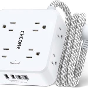 Surge Protector Power Strip - CHCORE 5Ft Braided Extension Cord with 8 Outlets with 4 USB (2 USB C) Charging Ports, Flat Plug Multi Plug Outlet Extender Charging Station for Home Office, ETL, White