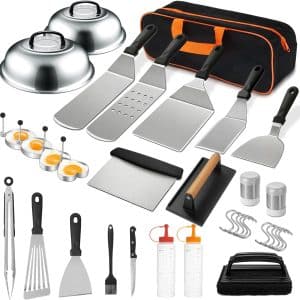 35PCS Griddle Accessories Kit, Flat Top Grill Accessories Set for Blackstone and Camp Chef, Grill Spatula Set with Enlarged Spatulas, Basting Cover, Scraper for Outdoor Barbecue