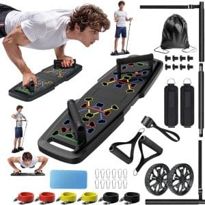 Push Up Board,Home Gym,Portable Exercise Equipment,Pilates Bar and 20 Fitness Accessories with Resistance Bands and Ab Roller Wheel,Full Body Workout at Home