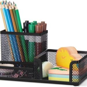 Comix Mesh Pen Pencil Holder Desk Organizer, 3 Compartment Wire Desktop Pen Pencil Cup Caddy Office Supplies Desk Accessories for Home Office School, Black