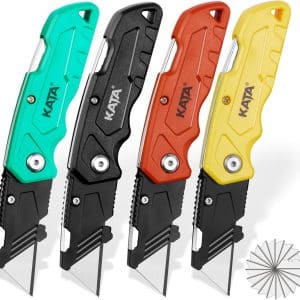 KATA Folding Utility Knife Cutter: Heavy Duty Box Cutter Pocket Knife with Extra 20pcs Razor Blades - 4-Pack Plastic Cardboard Box Opener Safey Knives - Gifts for Men Cutting Cartons, leather, Rope