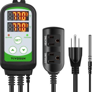 VIVOSUN 1500W Digital Temperature Controller, 2-Stage Outlet Thermostat Heating and Cooling Mode, Thermostat with Dual LED Display, for Homebrew Fermenter Greenhouse Terrarium, 110-240V 20A 1500W