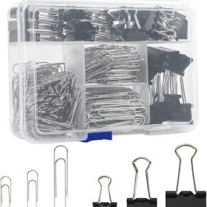 Binder Clips Paper Clips Assorted Sizes, 340pcs Black Binder Clips Jumbo Paperclips Set, Large Paper Clips for Office, School Supplies, Binder & Paper Clips in Container with Compartments