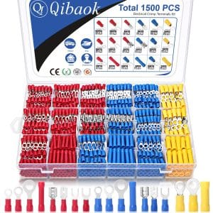 Qibaok 1500pcs Wire Connectors - Insulated Electrical Wire Terminals (Copper) - Ring, Butt, Spade, Fork Connector Kit - Red, Blue, Yellow