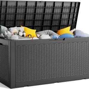 100 Gallon Resin Deck Box, Lockable Patio Outdoor Storage Box for Furniture, Garden Tools and Tools Storage, Waterproof Outside Storage Boxes - Black