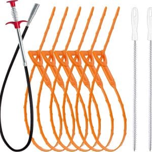 35.5inch Drain Clog Remover(1pcs), 25inch Drain Snake Hair Remover(6pcs) ＆ Cleaning Brush(2pcs), Hair Catcher Drain Auger Cleaner Tool Set For Toilet, Kitchen Sink, Bathroom Tub, Sewer, 9 Pack