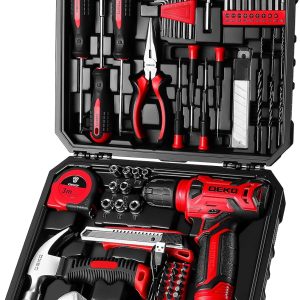 DEKOPRO Drill Set: Tool Set with 8V Red Cordless Drill, Home Tool Kit with Drill, Hand Tool Kits for Women 126 Piece