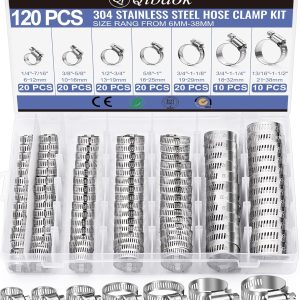 Hose Clamp- Qibaok 120 PCS Stainless Steel Hose Clamps Assortment Kit 1/4''–1-1/2'' Worm Gear Clamps for Fuel Line, Plumbing, Automotive, Mechanical Applications, Pipe, Tube, Radiator, Garden